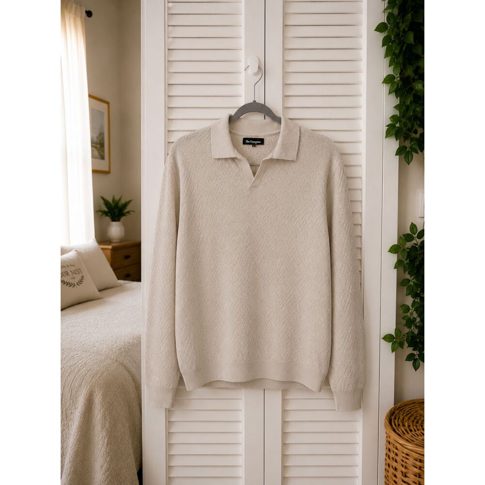 The Commons Men's Chevron Johnny Collar Sweater Textured Knit Short Sleeve